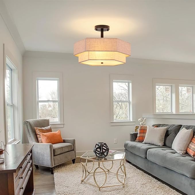 SGLfarmty 17.7" Drum Flush Mount Ceiling Light, 3-Light Large Drum Black Cream Ceiling Light with 2-Tier Hexagon Fabric Linen, Farmhouse Chandelier for Bedroom