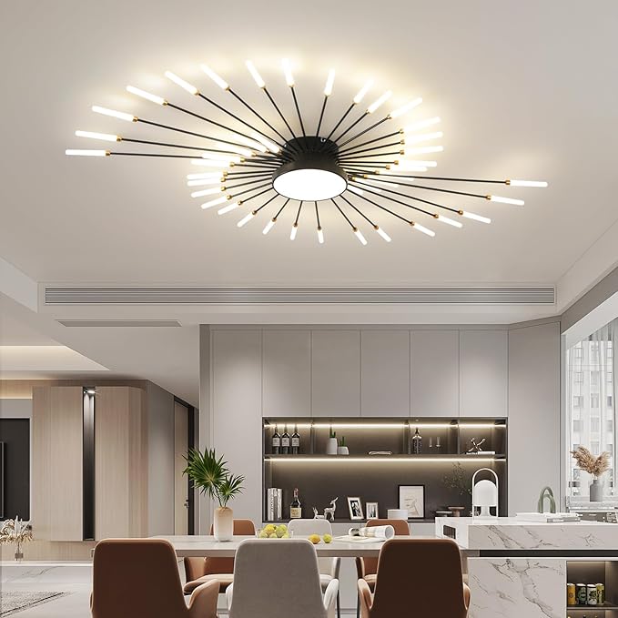 ziidoo Modern Ceiling Light, 42+1 Lights Metal Firework Designed Chic Led Lighting Fixture for Farmhouse Kitchen Dining Room Bedroom Hallway Living Room (Black)