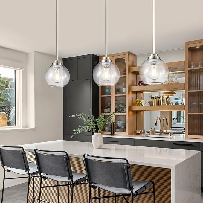 Globe Pendant Light Fixtures, Indoor Brushed Nickel Hanging Ceiling Lights with White Frosted Glass Shades, Adjustable Light for Kitchen Island Bedroom, 2 Pack