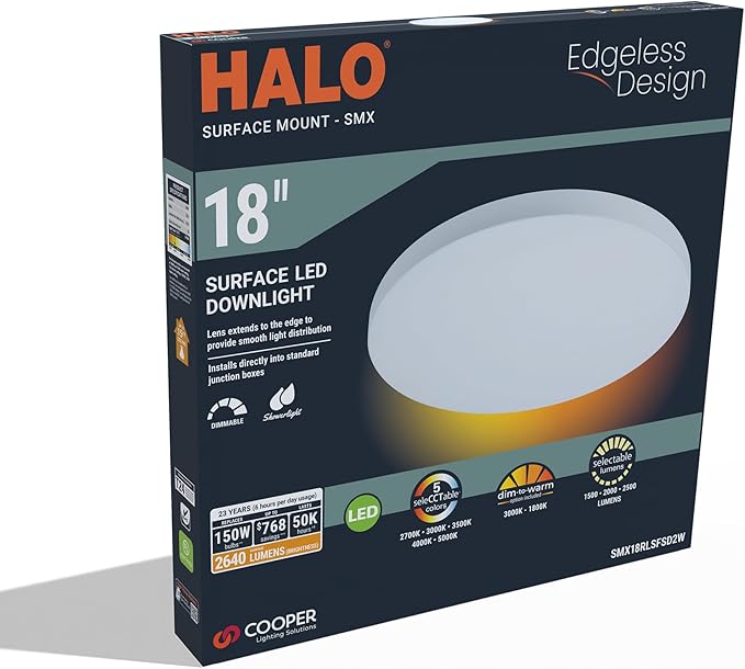 HALO SMX 18-Inch Edgeless Surface Mount LED Downlight w/Selectable Lumens, Color Temperatures, Dimming - Round - SMX18RLSFSD2W