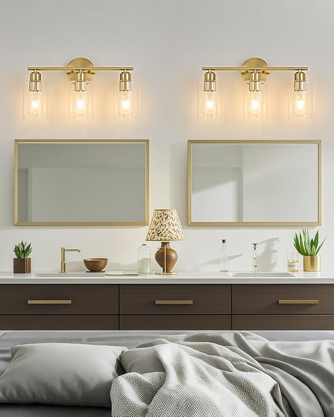 3Light Modern Vanity Lights - Gold, Clear Glass Shade, Wall Sconce for Bathroom & Bedroom, 2 Pack
