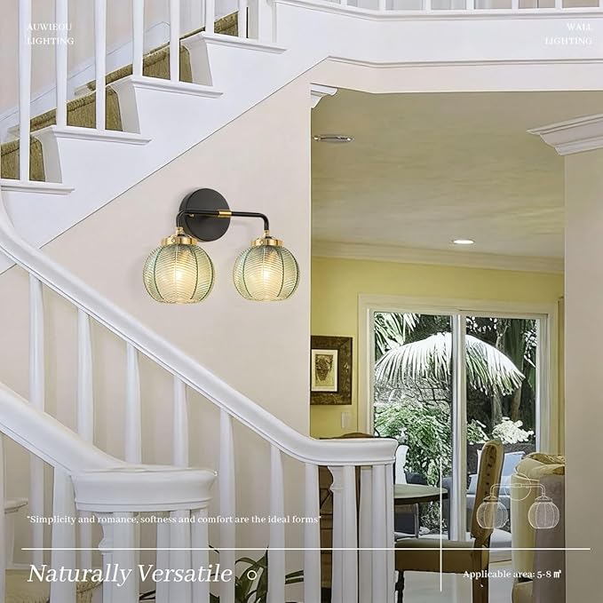 2 Light Black Bathroom Vanity Light Vintage Wall Sconce Glass Wall Sconce Light Wall lamp with Ribbed Green Glass Shade mid Century Bathroom Vanity Light Over Mirror for Bedroom Hallway Living Room