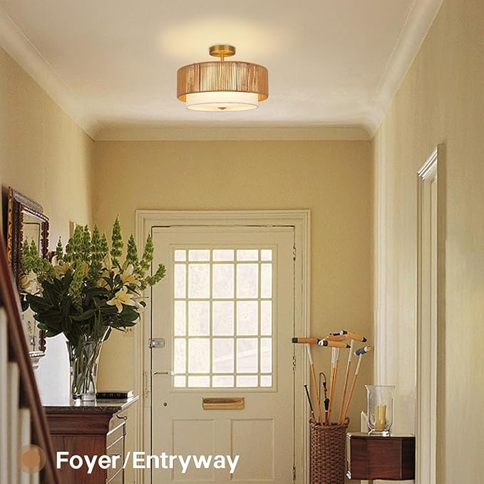 16'' Semi Flush Mount Ceiling Light Fixture, Boho Light Fixtures with 2-Tier Drum White Fabric Shade, 3-Light Farmhouse Rattan Drum Light Fixture for Bedroom, Living Room, Kitchen