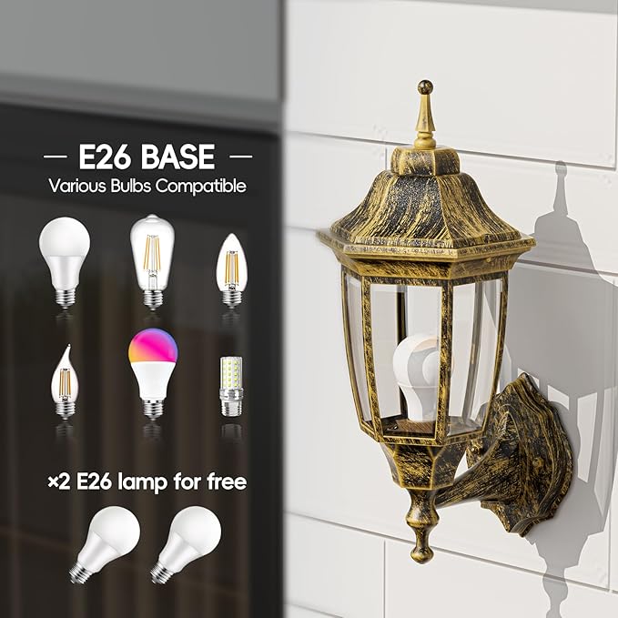 EMART Dusk to Dawn Outdoor Porch Light, Exterior Anti-Corrosion, Waterproof Aluminum & Glass Shades Wall Lamp Fixture, Modern Sconce Lantern for Yard, House, Garage - 2 Pack, Gold (Bulb Included)