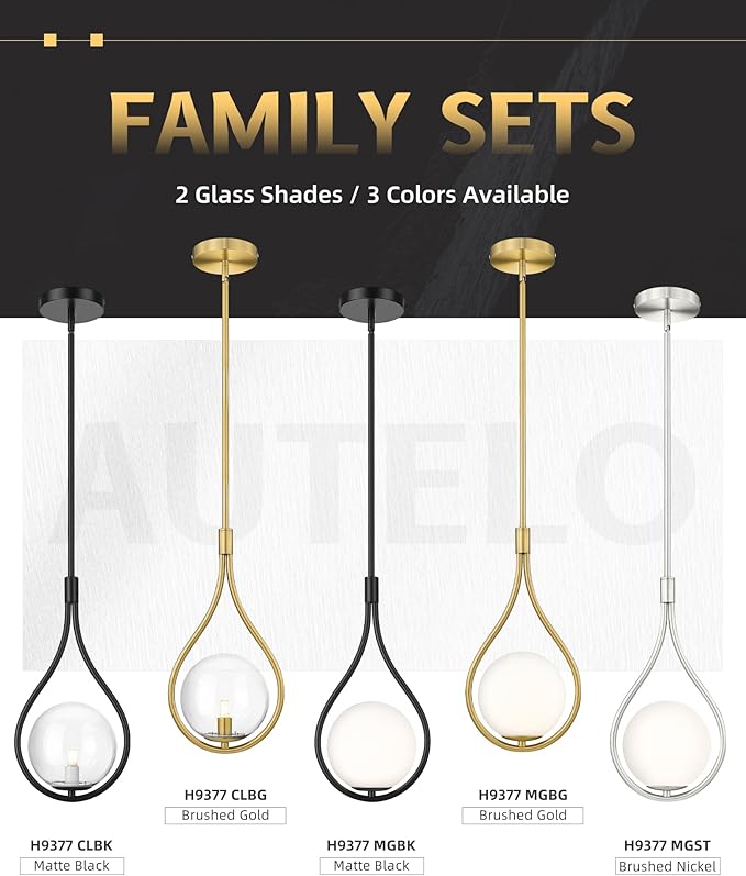 AUTELO Gold Pendant Lights Kitchen Island, 1-Light Hanging Lamp in Brushed Gold Finish with Clear Globe Glass, Mid Century Pendant Lights Kitchen Island, Gold Hanging Lights for Kitchen H9377 CLBG