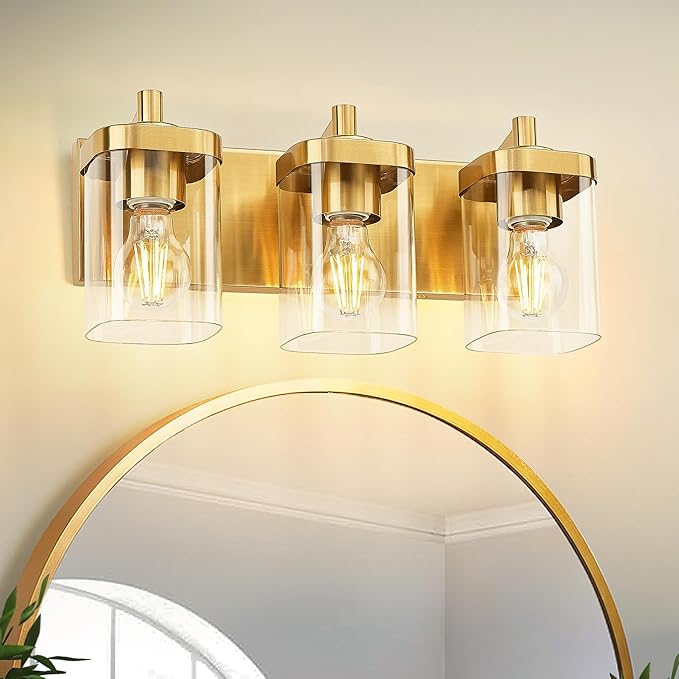 Bathroom Light Fixtures Over Mirror, 3-Light Brushed Gold Vanity Light with Square Clear Glass Shade, Modern Wall Sconces, Vanity Lighting Fixtures, VL194-BG-3