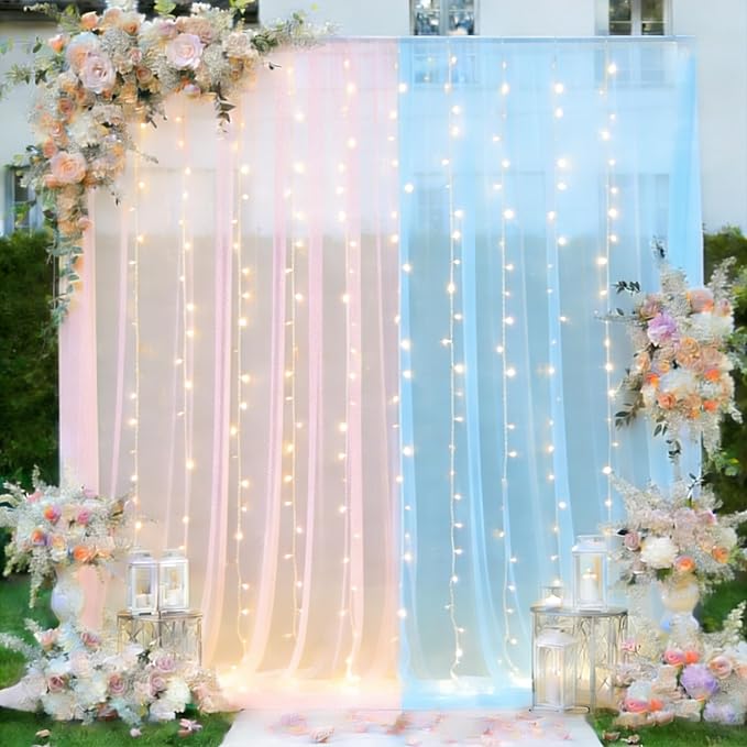 Pink and Blue Tulle Backdrop Curtain with Lights, Elegant Sheer Photo Backdrop Drapes, Soft Fabric & Lights Strings Curtain for Baby Shower Gender Reveal Weddings Brithday Parties Decor, 10ftx8ft