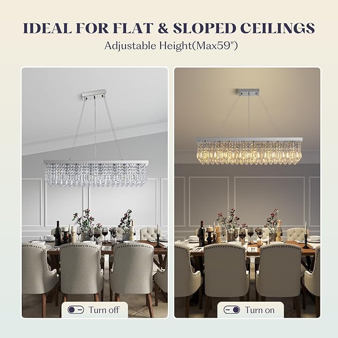 Modern Rectangular Crystal Chandeliers,8 Lights Rectangular Pendant Light Fixture,Adjustable Height K9 Crystal Chandelier for Dining Room L40''xW10''xH10''