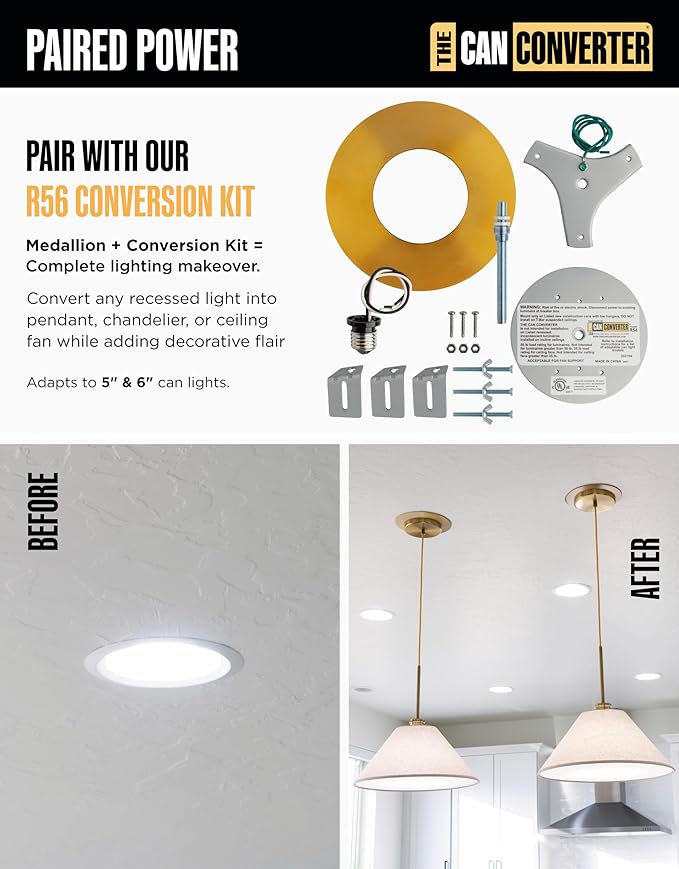 The Can Converter Ceiling Medallion for Recessed Can Light – Home Improvement Decorative Steel Flat Goof Ring & Cover Plate for 5" & 6" Cans, Small Ceiling Medallion for Chandeliers, Polished Gold