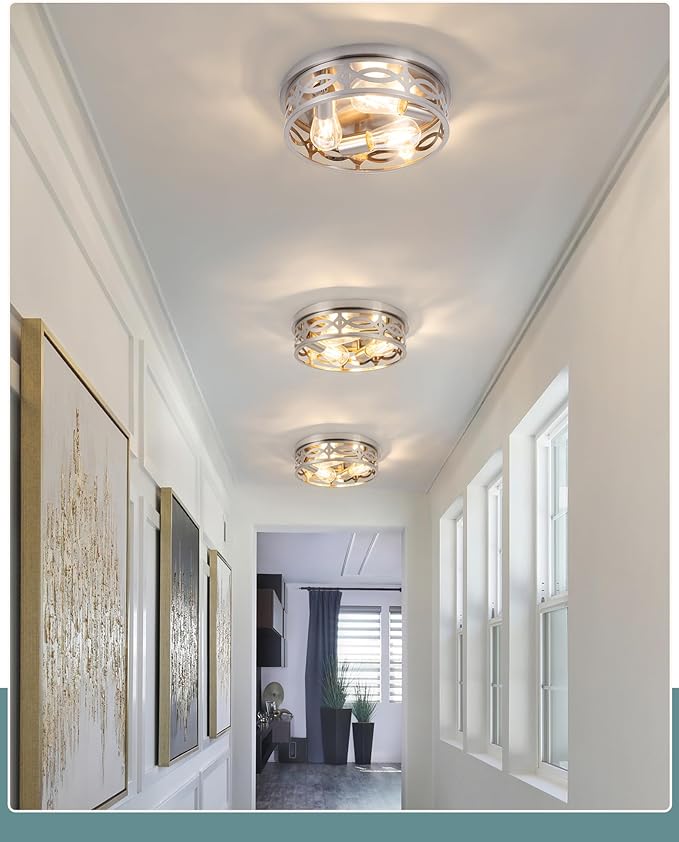 Brushed Nickel Flush Mount Ceiling Light Fixtures,3-Light Modern Hallway Light Fixtures, 13 inch Light Fixture Ceiling Mount for Kitchen, Farmhouse,Bedroom 2 Pack