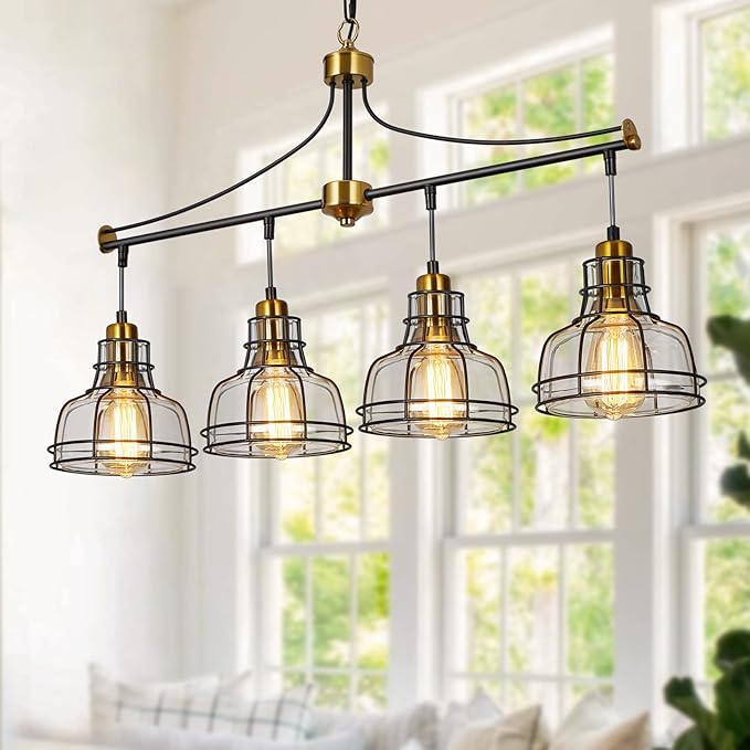 WILON Dining Room Lights, 4 Light Pendant Lighting for Kitchen Island Farmhouse Chandelier Dining Room Light Fixture, Rustic Chandelier Black Modern Pendant Lighting with Clear Glass Shades
