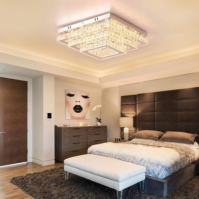 Dimmable Square Crystal Flush Mount Ceiling Light, 15" 3-Tier Crystal Chandelier Ceiling Light, Remote Included, 3000–6500K CCT, K9 Crystal & Stainless Steel for Living Room Dining Room Bedroom