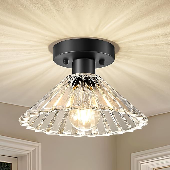 Modern Round Glass Ceiling Light, Mid-Century Lighting Fixtures, Black Semi Flush Mount Ceiling Light for Hallway, Kitchen, Laundry Room, Bathroom, Entryway, 9.7 in
