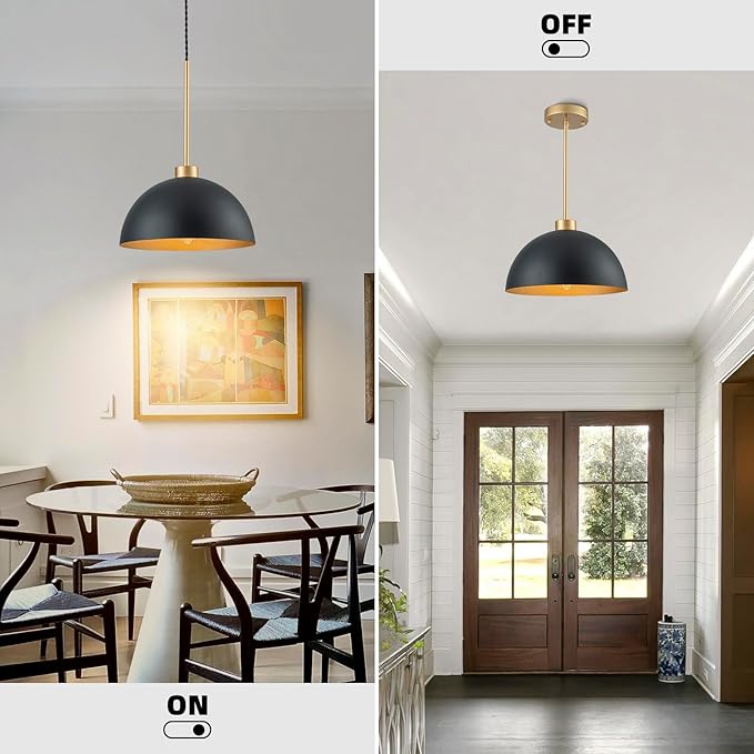 12 Inch Black and Gold Dome Pendant Light, Farmhouse Kitchen Island Lighting, Industrial Light Fixture for Dining Room Entryway Hallway, Height Adjustable