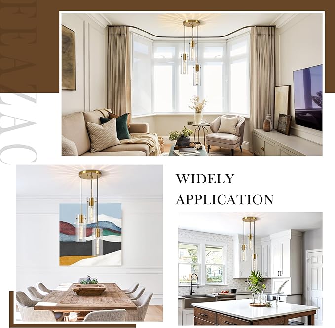 Brushed Gold Pendant Light Fixtures, 3-Light Modern Cluster Pendant Lights with Clear Striped Glass Shade, Farmhouse Brass Chandelier for Kitchen Island Dining Room Foyer