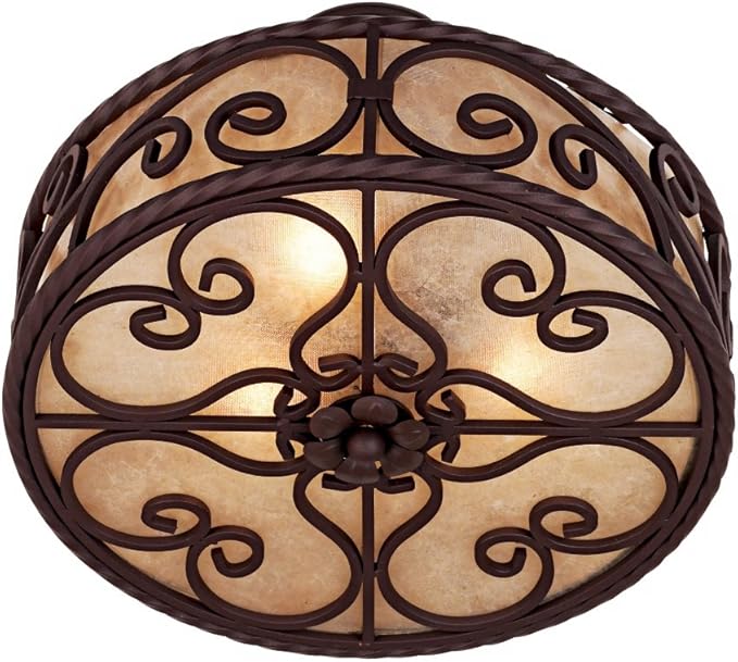 John Timberland Natural Mica Collection Rustic Ceiling Light Semi-Flush Mount Fixture Deep Walnut Scroll 15" Wide Drum Shade for House Bedroom Hallway Living Room Bathroom Dining Kitchen