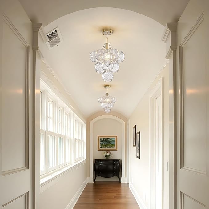Dining Room Chandelier 14.17", Modern Brushed Gold Pendant Light Bubble Ceiling Light Chandelier Vintage Hanging Light Fixtures with 10 Swirled Glass Globe for Foyer Bedroom Kitchen, Include E26 Bulb
