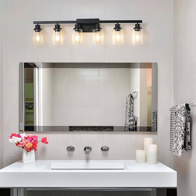6-Light Black Vanity Lights 38'' Modern Bathroom Vanity Lighting Fixtures Above Mirror, Industrial Matte Bathroom Light Fixtures, Bath Wall Light Fixtures, Black Wall Sconces