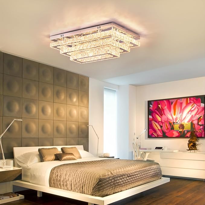 Finktonglan Modern Crystal LED Ceiling Light Fixtures 20” Dimmable Rectangular Flush Mount Chandelier Ceiling Lights 3-Tiers Stainless Steel Ceiling Lamp Fixtures for Living Room Bedroom Dining Room