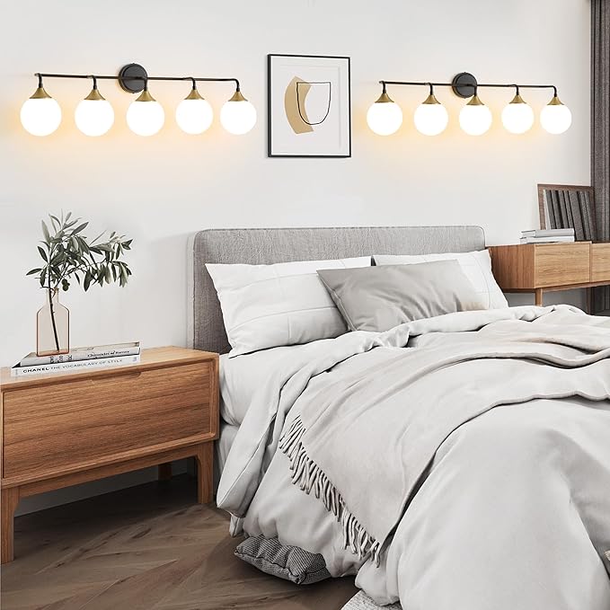 Black Gold Bathroom Light Fixtures, Modern Vanity Lighting Over Mirror, Mid Century Brushed Brass Wall Sconce 5-Light with Milky White Glass Ball Shades