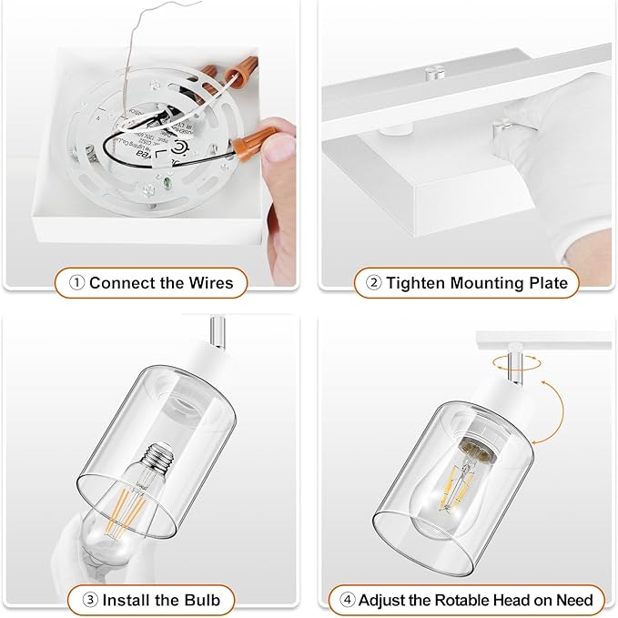 Track Lighting Fixtures Ceiling, 30" LED Track Lighting Kit Kitchen, 4-Light Ceiling Lights with Clear Glass Shade, White Modern Spotlight Light with Rotatable Head for Bathroom Vanity(E26, NO Bulb)