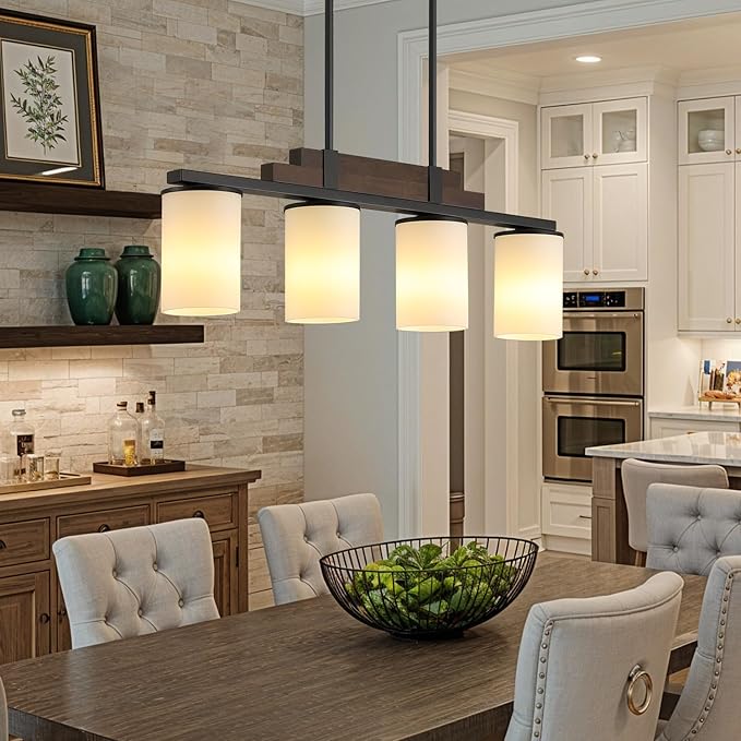 Farmhouse Wood Kitchen Island Lighting, 4-Light Adjustable Chandelier for Dining Room, Milk Glass Shade Dining Room Light Fixture Over Table, Black Hanging Pendant Lights for Kitchen, Pool Table