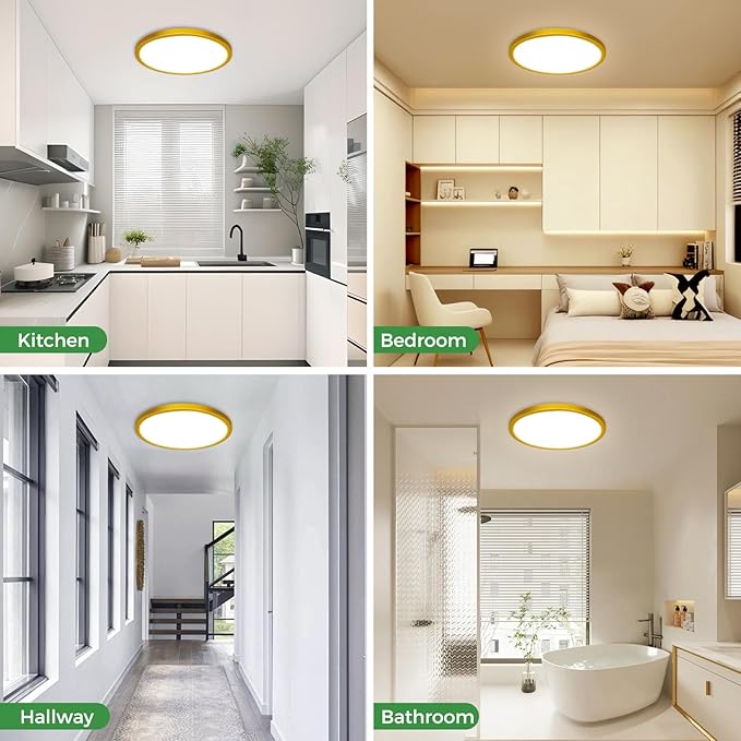 zemty 2Pack 15" LED Flush Mount Ceiling Light, 30W Dimmable 5CCT (3000K–6500K) Gold Round Fixture | Bright Low-Profile Lighting for Bedroom, Kitchen, Hallway, Living Room