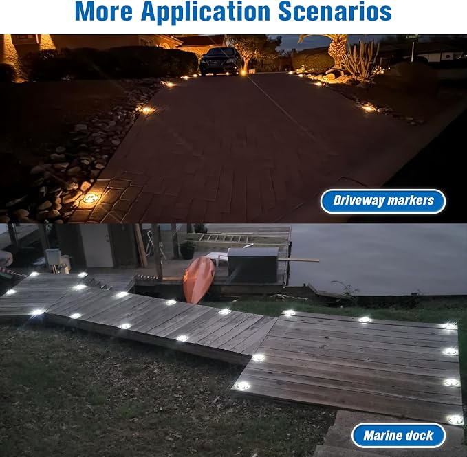 VOLISUN Solar Driveway Lights Dock Outdoor Waterproof Marker Lights,12 Pack Solar Deck Lights 2 Colors in 1 Led Wireless IP67,Solar Deck Lights for Sidewalk Pathway Yard(White/Warm White),Auto On/Off