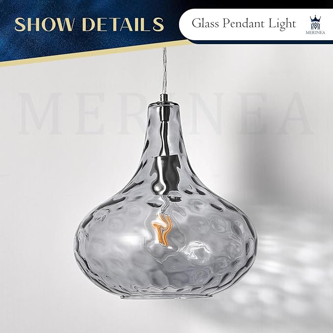 11" Smoked Hammered Glass Pendant Light – Modern Ceiling Hanging Fixture with Brushed Nickel Finish for Kitchen Island, Dining Room, Hallway, Entryway – E26 Base