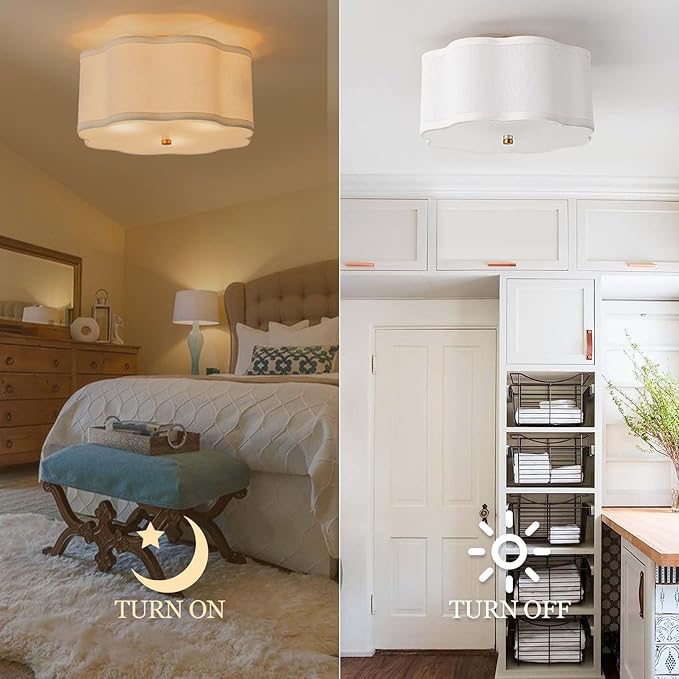 Bargeni Flush Mount Ceiling Light,13-inch Drum Ceiling Light Fixture,Light Fixtures Ceiling Mount with Cream White Fabric Shade, 3-Light Flush Mount Light Fixture for Nursery Kids Room,Bedroom,Hallway