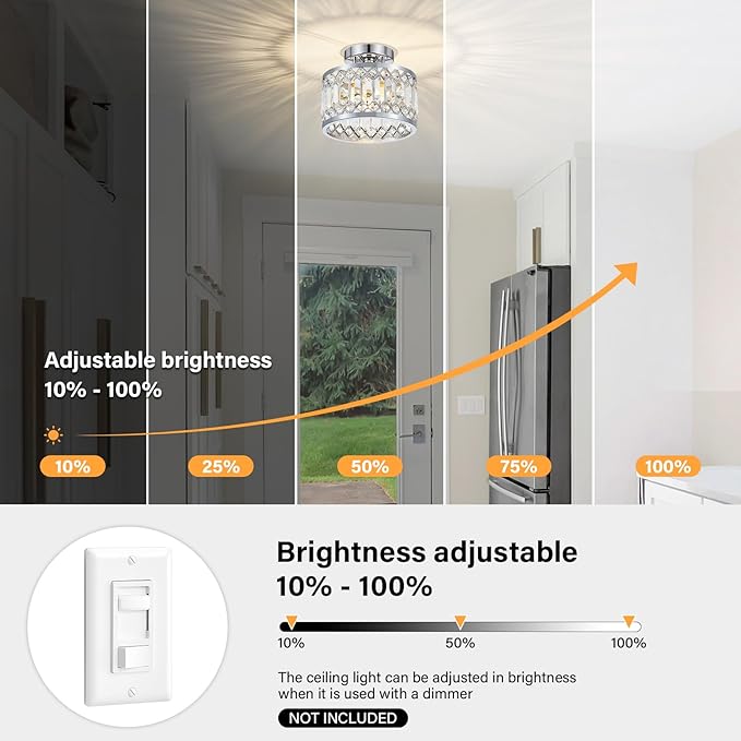 Crystal Ceiling Light Fixture, Modern Semi Flush Mount Ceiling Light, Chrome Lighting Fixtures Ceiling Lamp for Hallway, Kitchen, Entryway, Bedroom, Laundry Room, 9.05 Inch