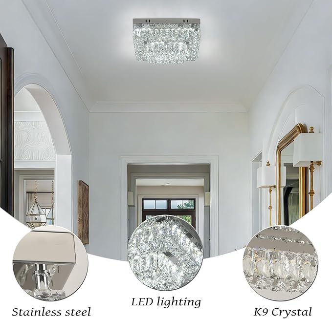 Finktonglan Modern 2-Tier Crystal Flush Mount Ceiling Light, 11.8" Rectangular LED Ceiling Fixture with Multi-Faceted Crystal Prisms, Cool White, 24W Low Profile for Kitchen Dining Hallway