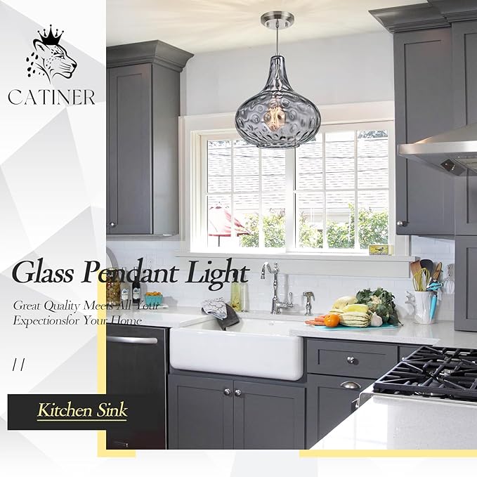 CATINER 11" Smoked Hammered Glass Pendant Light – Blown Glass Ceiling Fixture with Brushed Nickel Finish, Modern Industrial Lighting for Kitchen Island, Dining Room, Hallway, Living Room