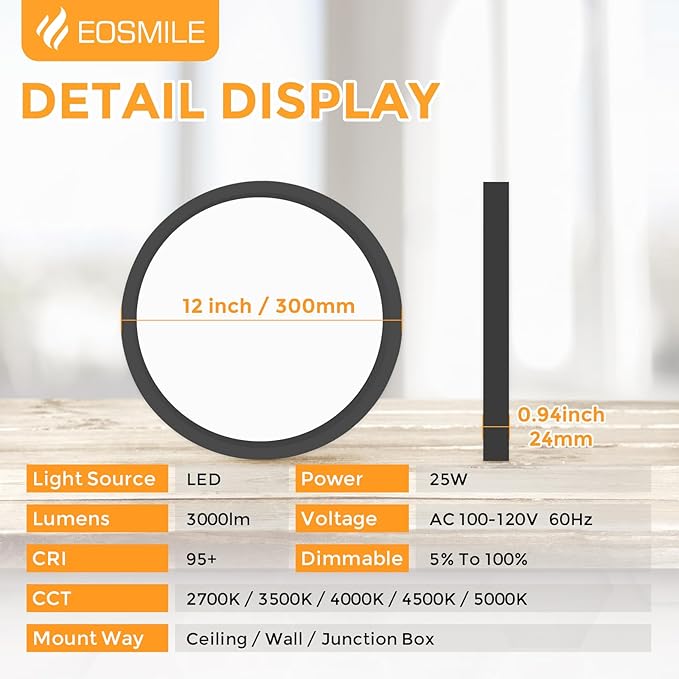 1Pack 12 Inch Black LED Flush Mount Ceiling Light, 25W, 3000LM, CRI 95+, 2700K-5000K 5Color Selectable & Dimmable, Thin Flat Surface Mount Lights for Bedroom, Hallway, Dining Room, Garage