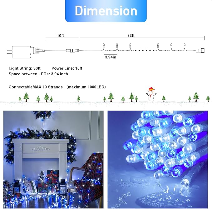 JMEXSUSS 2 Pack 100 LED Blue and White Christmas Lights, 33ft 8 Modes Christmas String Lights Indoor Outdoor, Clear Wire Plug in Twinkle Light for Xmas Bedroom Party Decorations