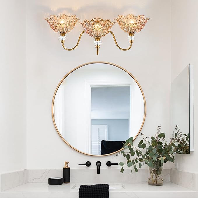 Vintage Bathroom Vanity Light, 3-Light Matte Brass Finish Vanity Light with Flower-Shaped Amber Glass Shades, Retro Wall Sconce for Bathroom, Dressing Table