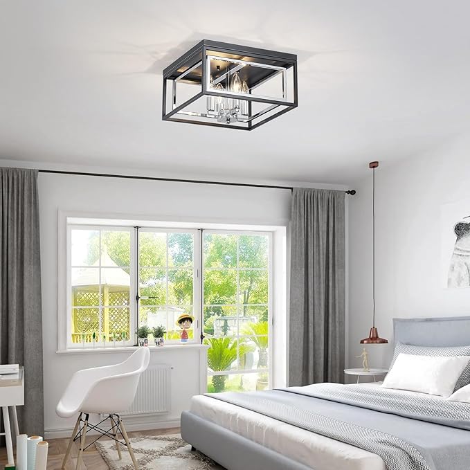 Square Ceiling Light, 4-Light Flushmount Modern Close to Ceiling Light Fixture for Living Room, Bedroom, Dining Room, L13 x W13 x H7 inch, Black & Chrome Finish Frame