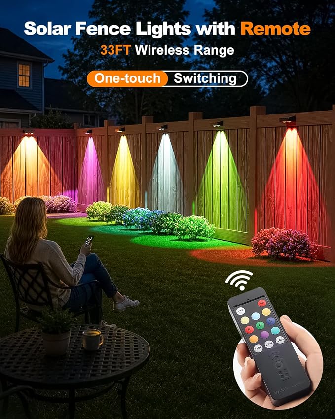 VOLISUN Solar Fence Lights with Remote Control, 50 Lumen LED Fence Lights Solar Powered, IP65 Waterproof, 10 RGB Color Long-Lasting Solar Lights for Backyard Garden Deck Patio Railing (12 Pack)