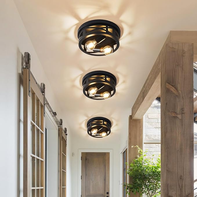 2-Light Flush Mount Ceiling Light Fixtures, Industrial Farmhouse Ceiling Light, Black Hallway Light Fixtures Ceiling, Vintage Light Fixtures Ceiling Mount Lamp for Hallway Kitchen Bedroom (2 Pack)