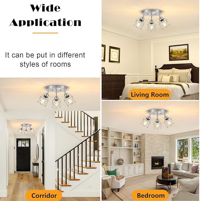 3-Light Brushed Nickel Semi Flush Mount Ceiling Light, Adjustable Kitchen Light Fixtures Ceiling Mount E26 Base Multi-Directional Silver Ceiling Spot Lights for Hallway Farmhouse Foyer
