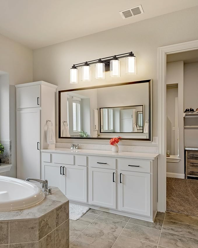 HWH 5-Light Bathroom Vanity Light Fixture, Oil-Rubbed Bronze Bathroom Lights Over Mirror, 30W 5CCT Dimmable LED Vanity Lights with Clear Glass, 5HLT63B-5W-LED ORB