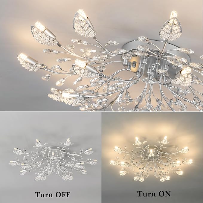 Modern Crystal Ceiling Light Fixture,Silvery Semi Flush Mount Chandeliers,Crystal Leaf Ceiling Light, Chandeliers for Dining Room,Living Room,Bedroom