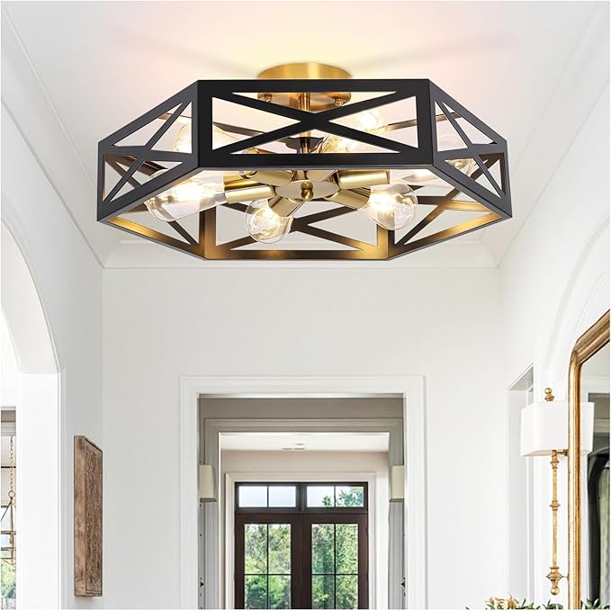 6-Light Semi Flush Mount Ceiling Light, Large Black and Gold Fixtures Ceiling Mount with Hexagon Cage, Metal Industrial Close to Ceiling Light for Hallway, Kitchen, Bedroom (19.68''L)
