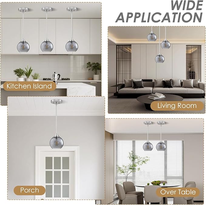 Pendant Lights Kitchen Island 3 Pack,Brushed Nickel Pendant Light Fixtures with Adjustable Rods,Seeded Glass Kitchen Pendant Lighting Over Island,Modern Island Lights for Kitchen Dining Room-E26 Base