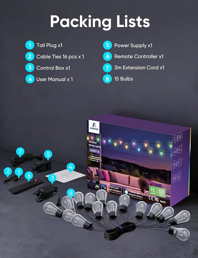 APPECK Outdoor String Lights, 50ft Smart RGBW Patio Lights Outside with 15 LED Bulbs, Extendable, 111 Scene Modes, IP65 Waterproof Lighting for Backyard, Dimmable Warm White, Compatible with Alexa