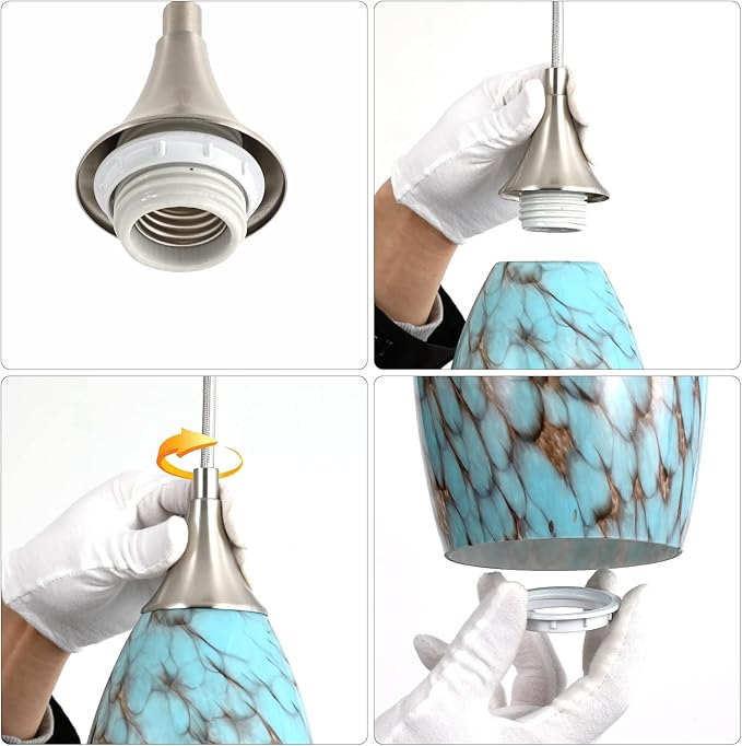 Kitchen Pendant Lighting for Island, Modern Edison Hanging Light with Handcrafted Art Glass, Adjustable Nylon Core Ceramic Holder Lighting Fixture Indoor for Dining Room, Entryway (Bulb Not Included)