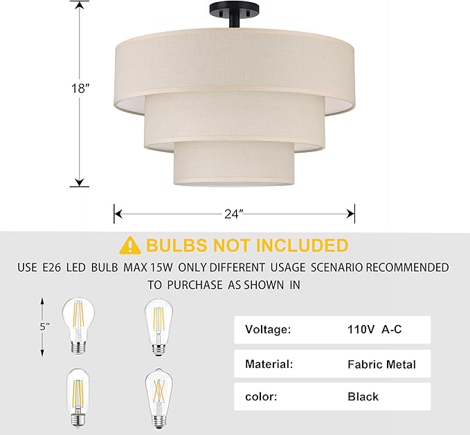 3 Tier 24" White Cream Drum Fabric Semi Flush Mount Light Modern Farmhouse Decor 7 Light Black Finish for Kitchen Living Room Dining Room Corridor Hallway