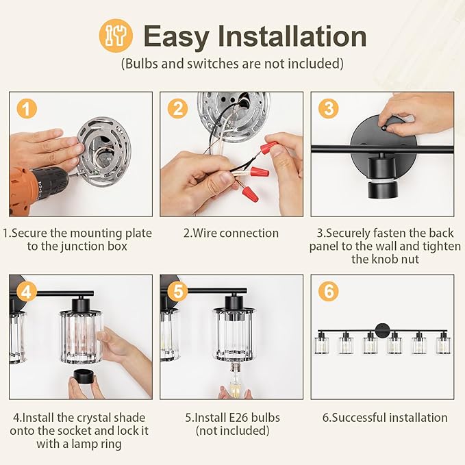 Crystal Bathroom Light Fixtures,Bathroom Lighting Fixtures Over Mirror, Modern 6-Light Brushed Nickel Vanity Lights for Mirror, Restroom,Kitchen(Ceramic E26 Socket,Bulbs Not Include)