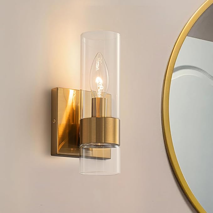 Brass Indoor Wall Sconces Set of Two, Bathroom Vanity Light Fixtures Over Mirror, Glass Wall Lamps for Bedroom Side Vanity Lights for Bathroom Sink Hallway, E12 Base