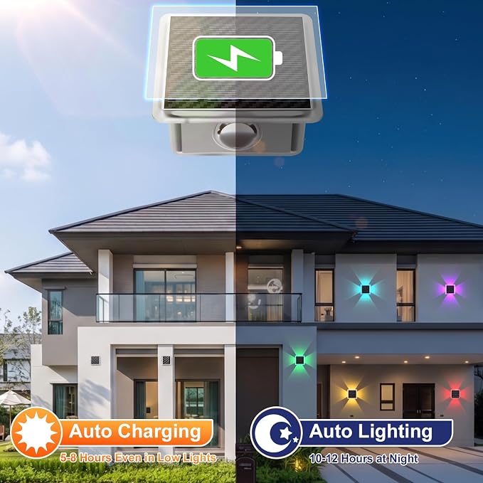AUDLES Solar Fence Lights Outdoor, IP67 Waterproof 4-Sided Glow Solar Wall Lights, RGB 8 Modes Color Changing Solar Garden Light for Patio Pool Step Porch Yard-12 Pack